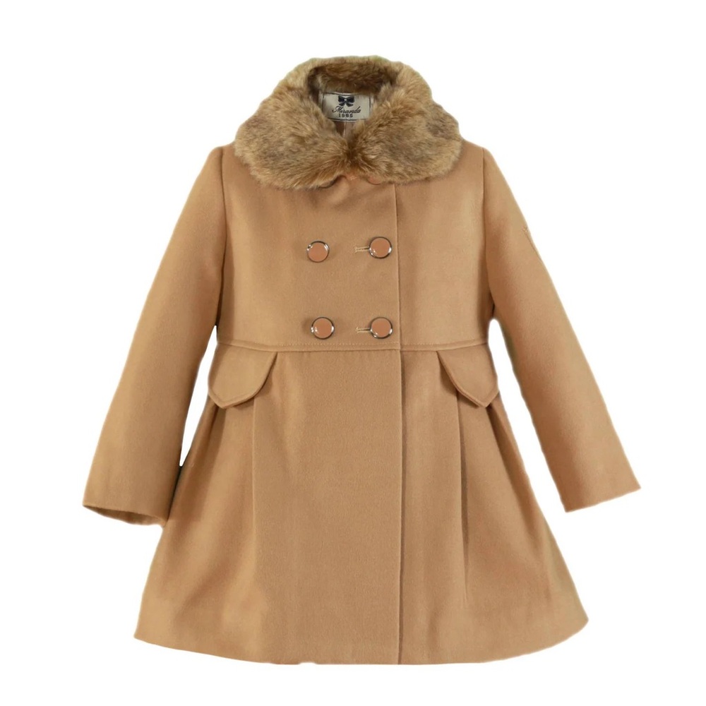 Classic Tan Pea Coat with Faux Fur Collar